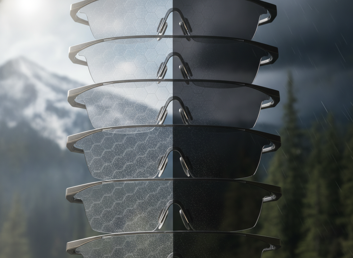 The Photochromic All-Weather Outdoor Grid showing auto-darkening lens active layers